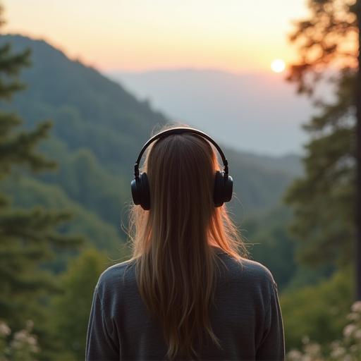 A person listening to music in a serene natural environment
