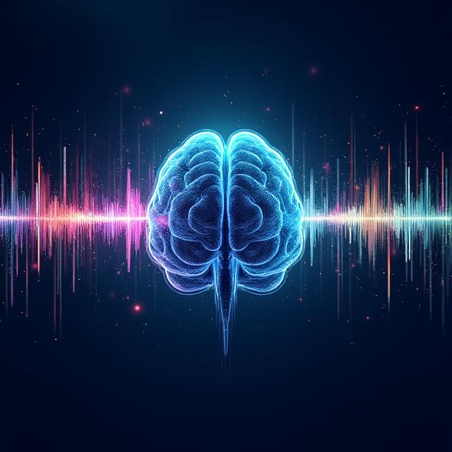 Abstract visualization of brainwaves and sound frequencies interacting